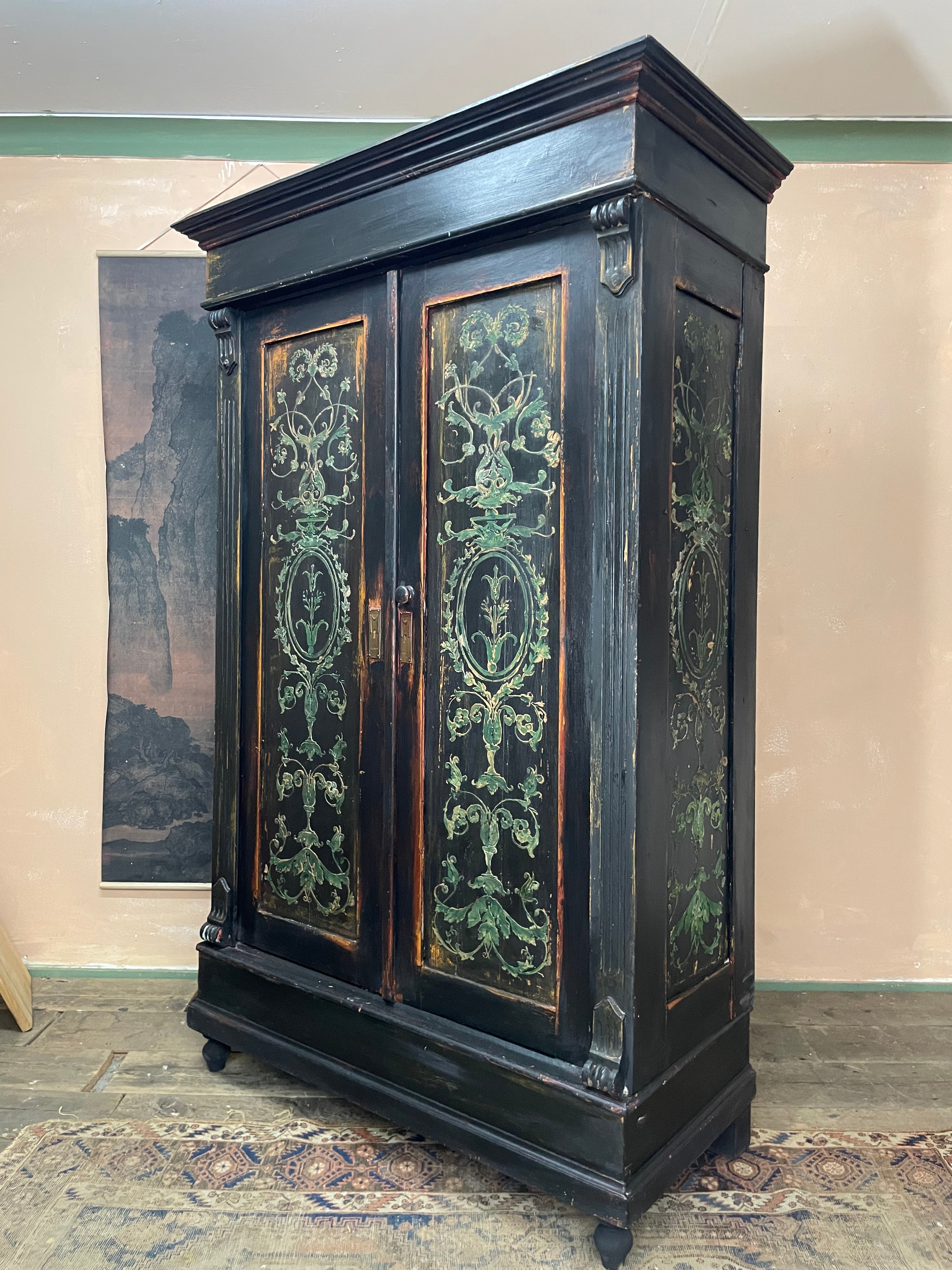 Vintage Painted Pine Wardrobe with Boiserie Panels