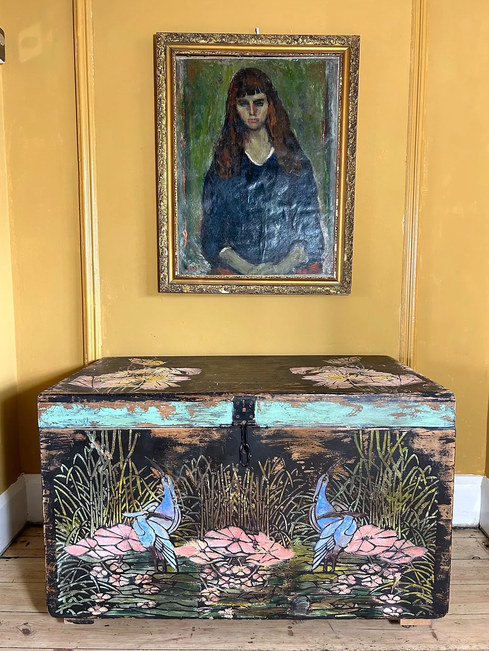 Vintage Painted Pine Blanket Box with Bird Design