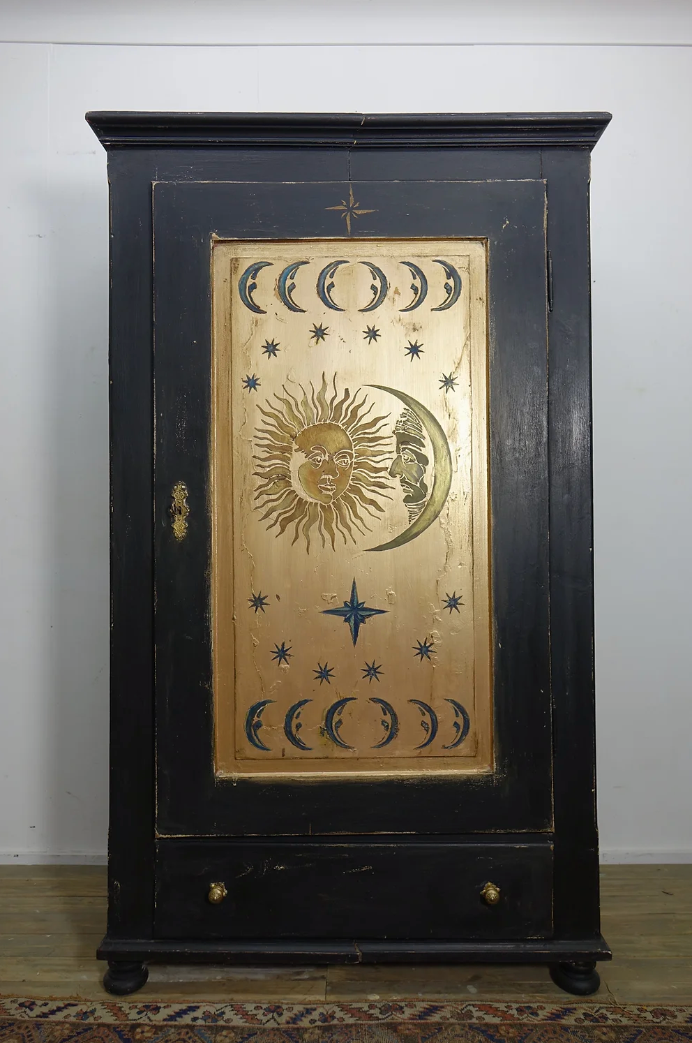 Vintage Painted Pine Wardrobe with Sun and Moon Artwork