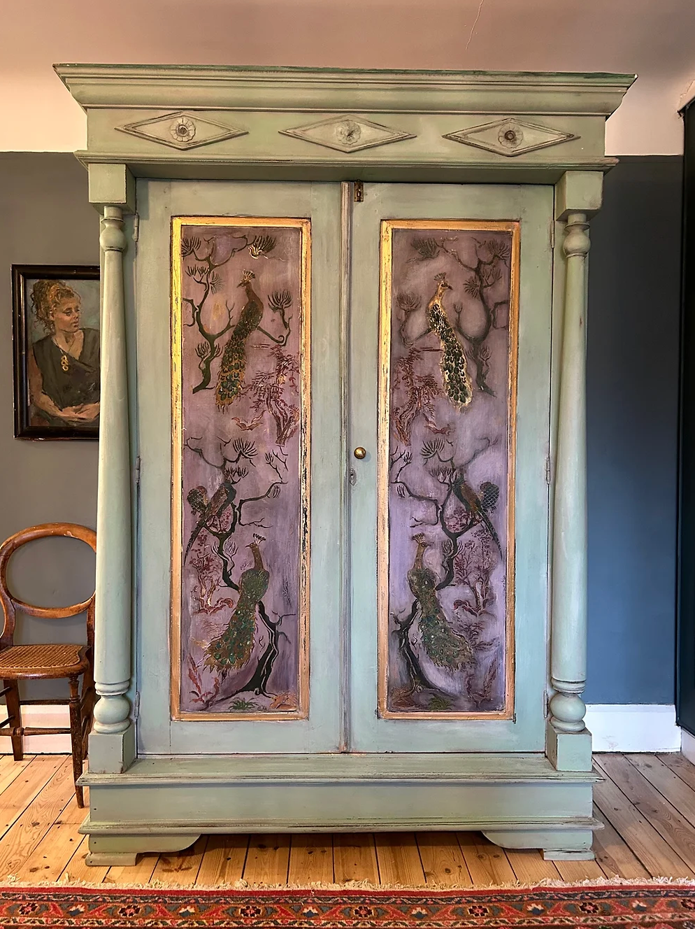 Vintage Pine Wardrobe with Bird Chinoiserie