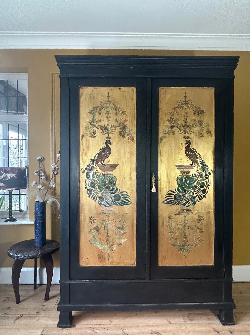 Vintage Painted Pine Armoire with Peacock Panels