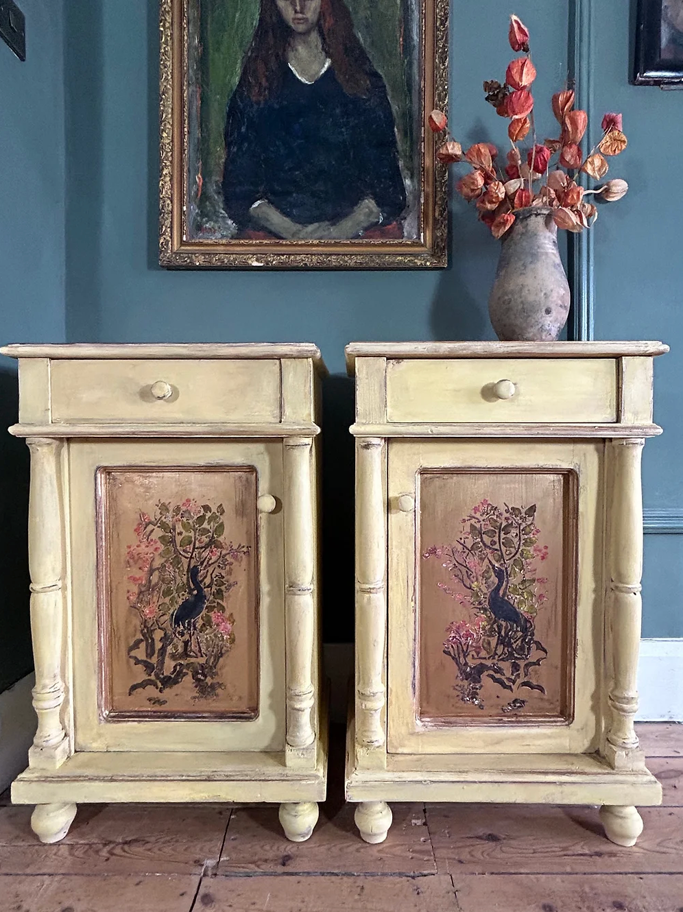 Vintage Painted Pine Bedside Cabinets with Inlaid Chinoiserie