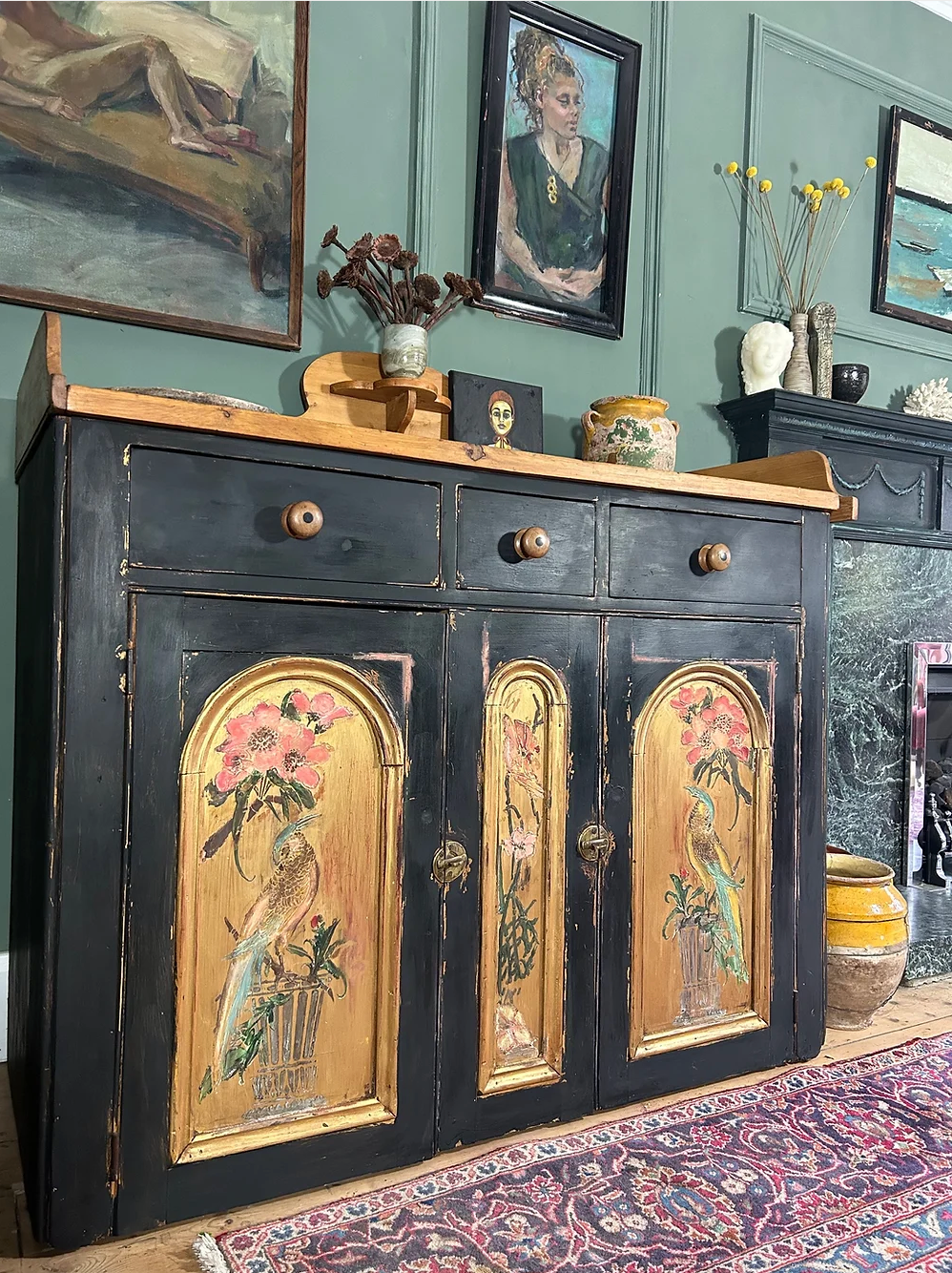 Vintage Painted Pine Sideboard with Inlaid Chinoiserie Panels