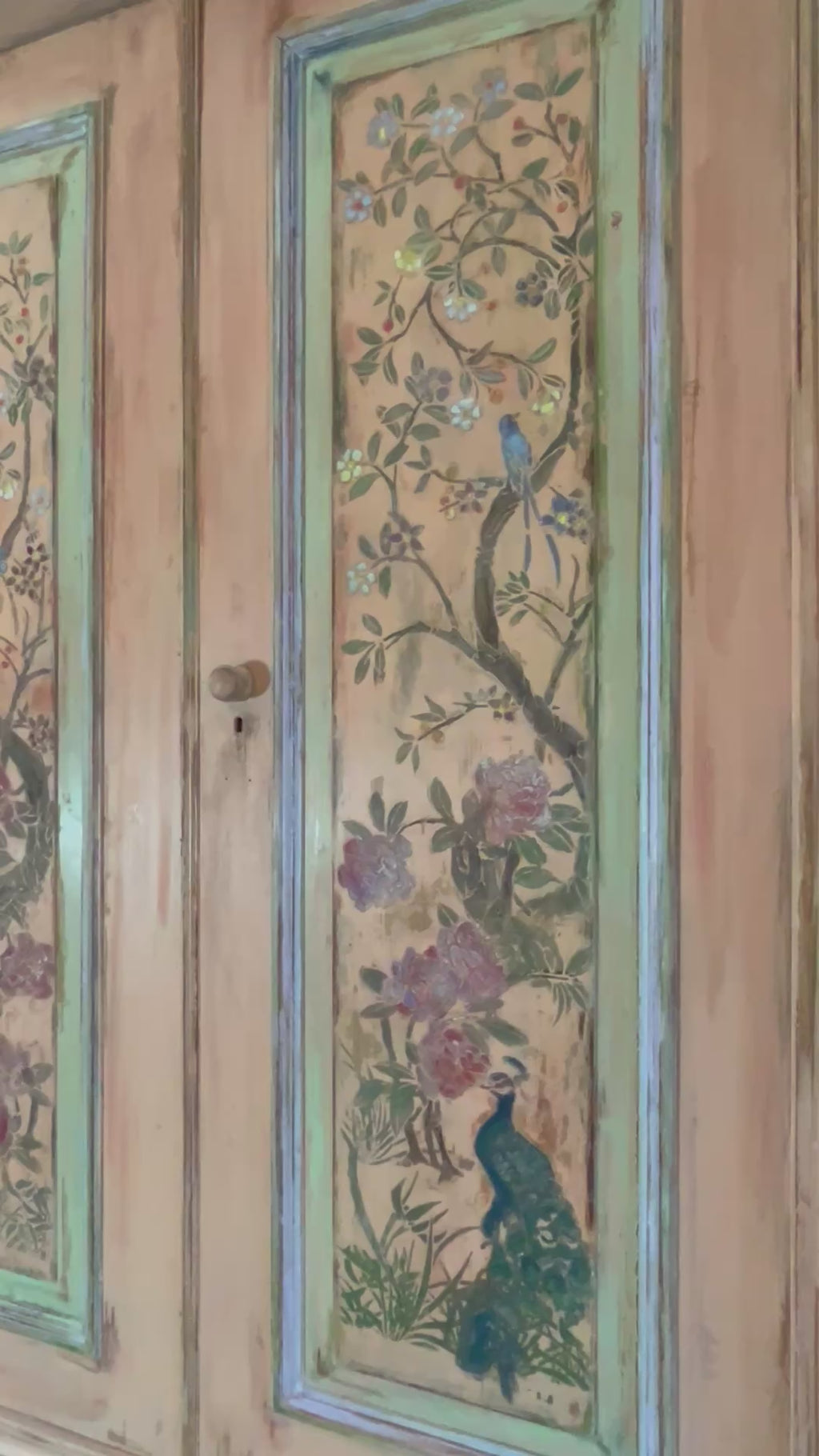 Vintage Painted Pine Large Wardrobe with Chinoiserie Panels