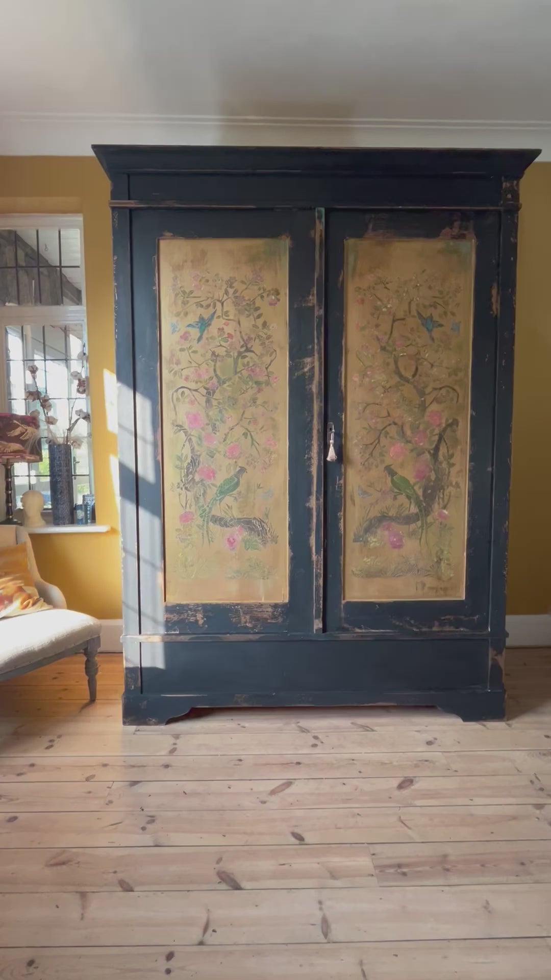 Vintage Painted Pine Double Wardrobe with Inlaid Chinoiserie