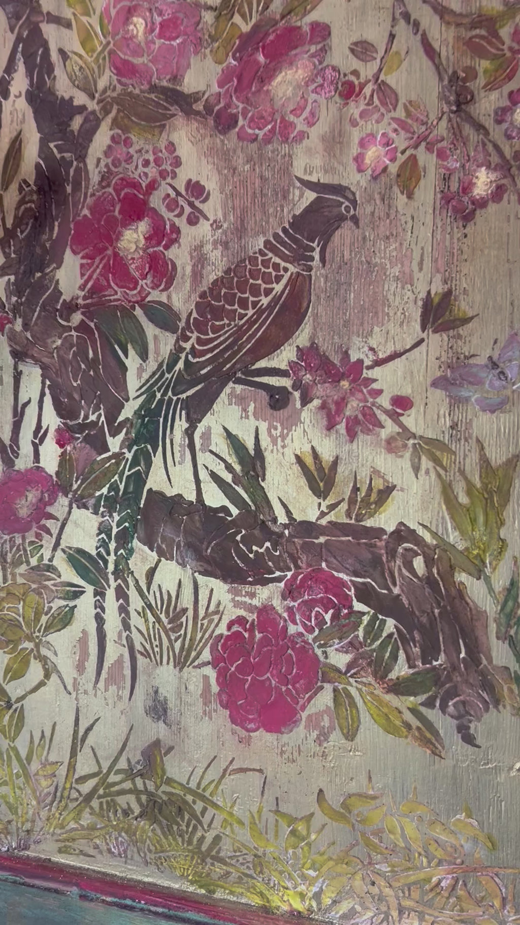 Vintage Reclaimed Door Wall Hanging with Inlaid Chinoiserie