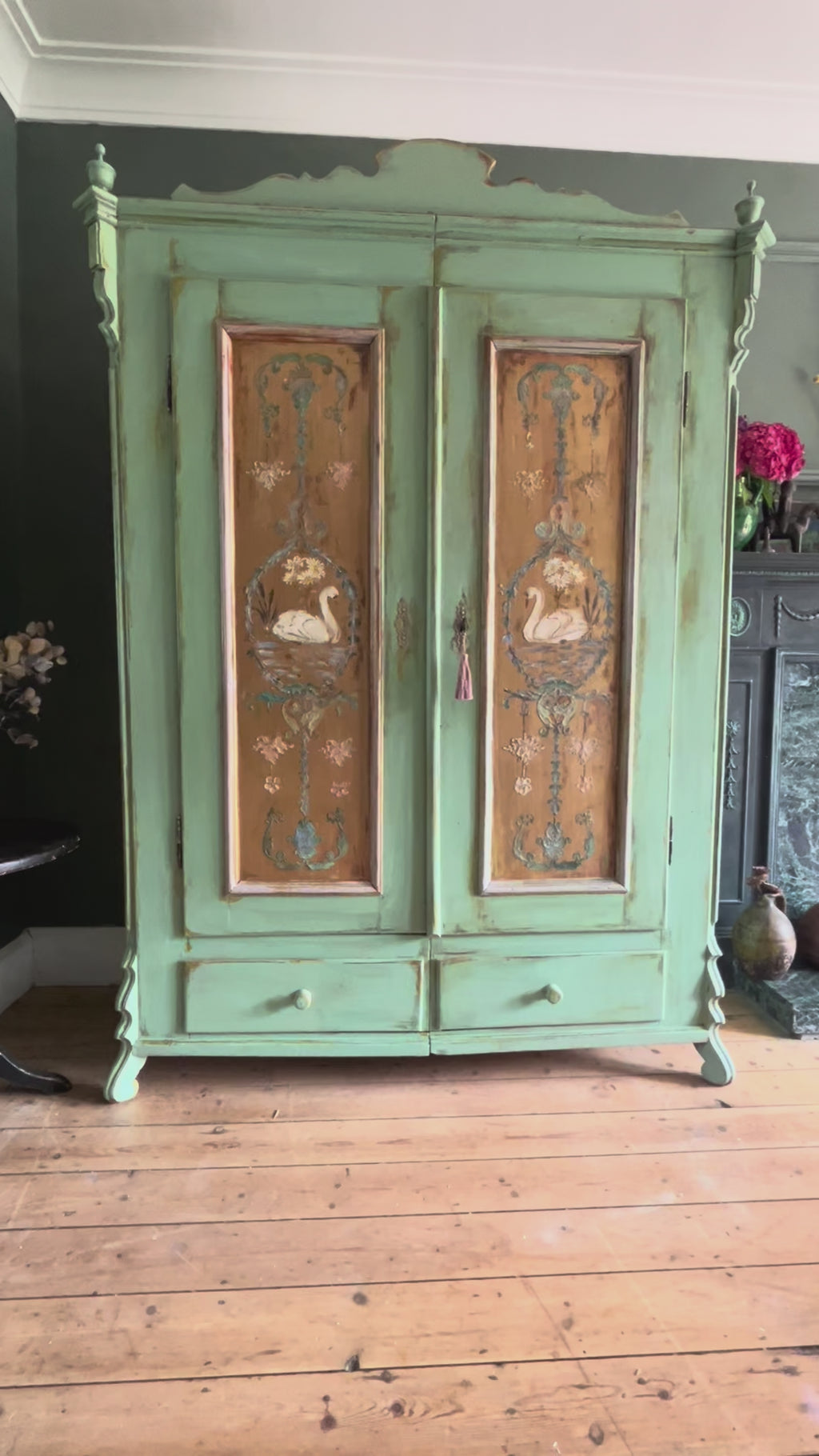 Vintage Painted Pine Wardrobe with Inlaid Swan Chinoiserie