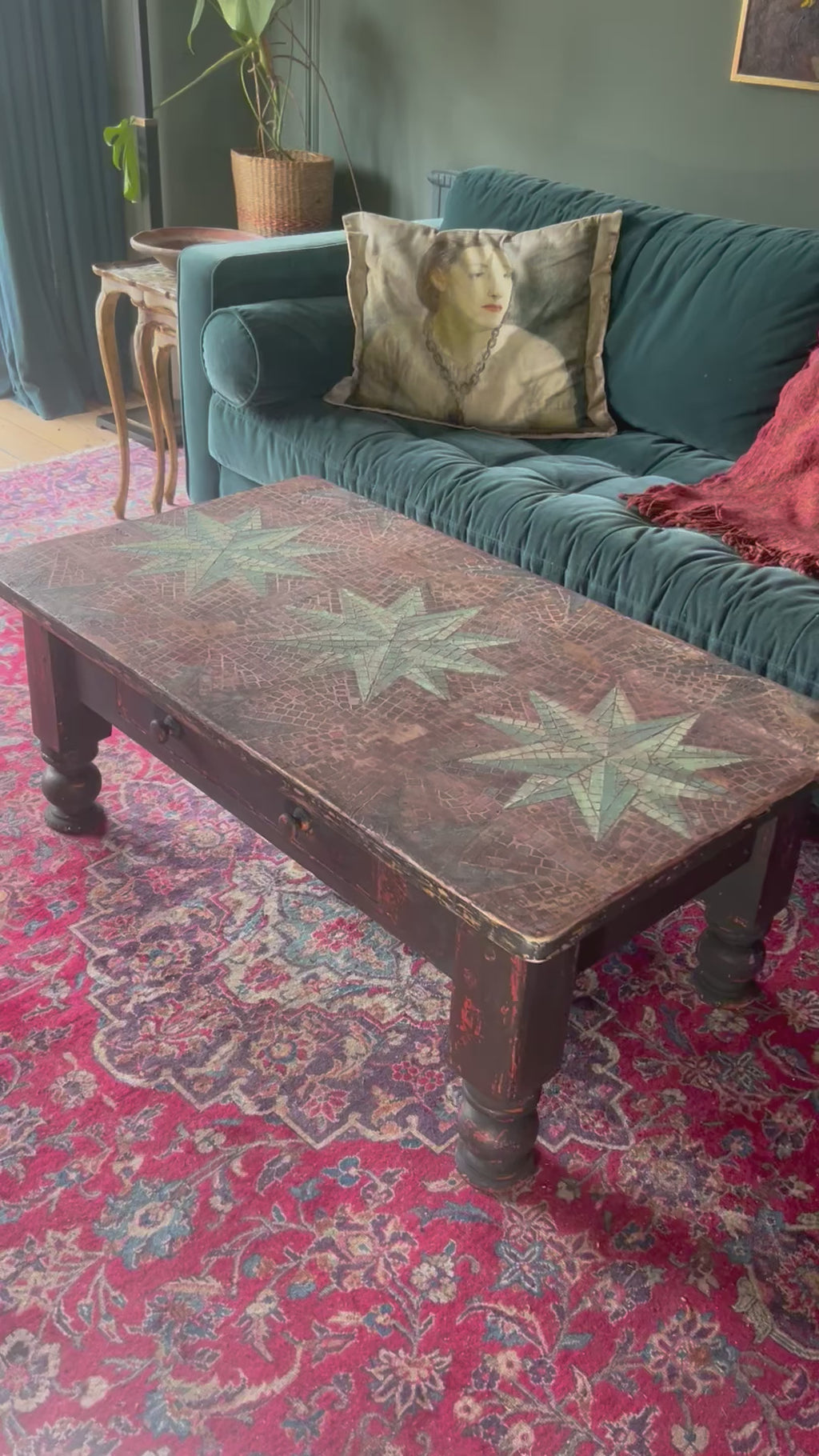 Vintage Painted Pine Coffee Table with Inlaid Star Design