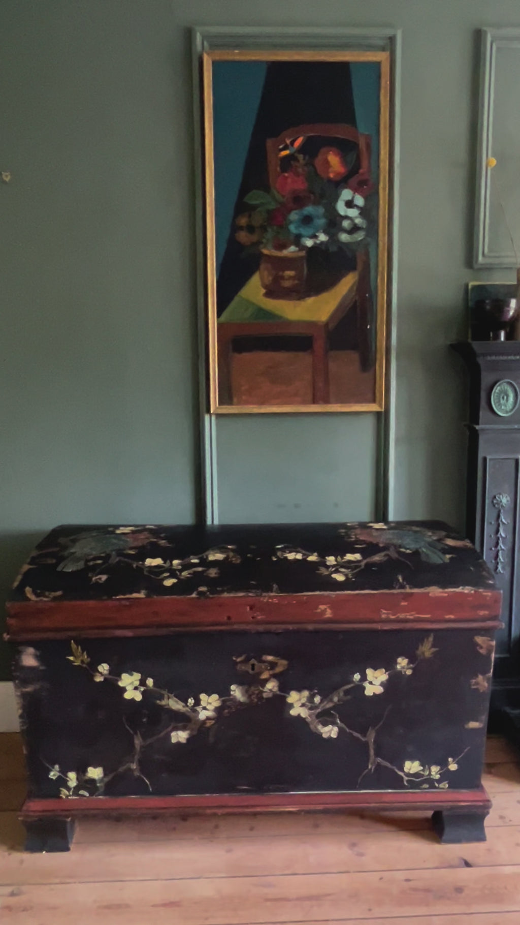 Vintage Painted Large Blanket Box /Chest with Inlaid Chinoiserie