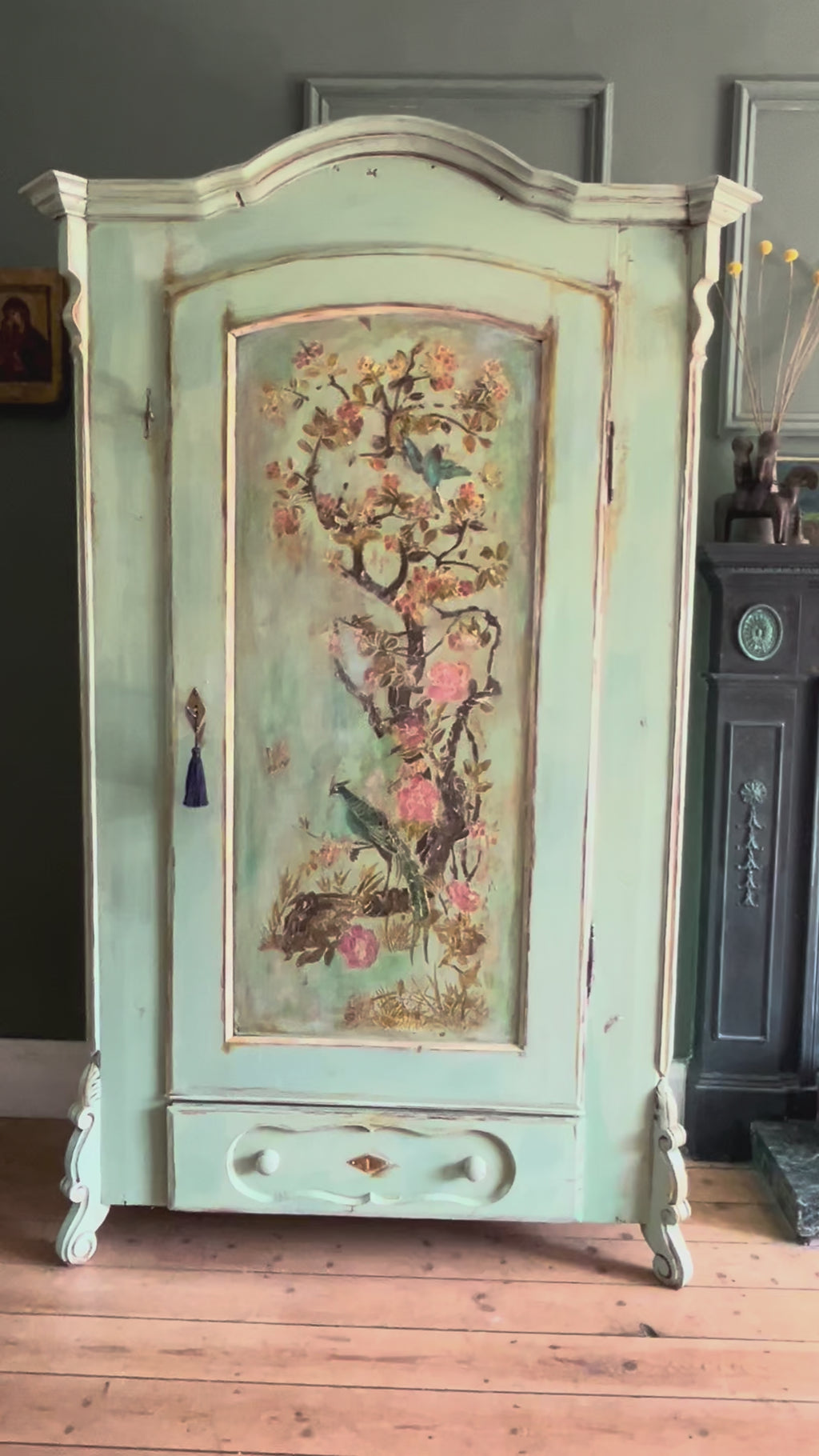 Vintage Painted Pine Armoire with Inlaid Chinoiserie
