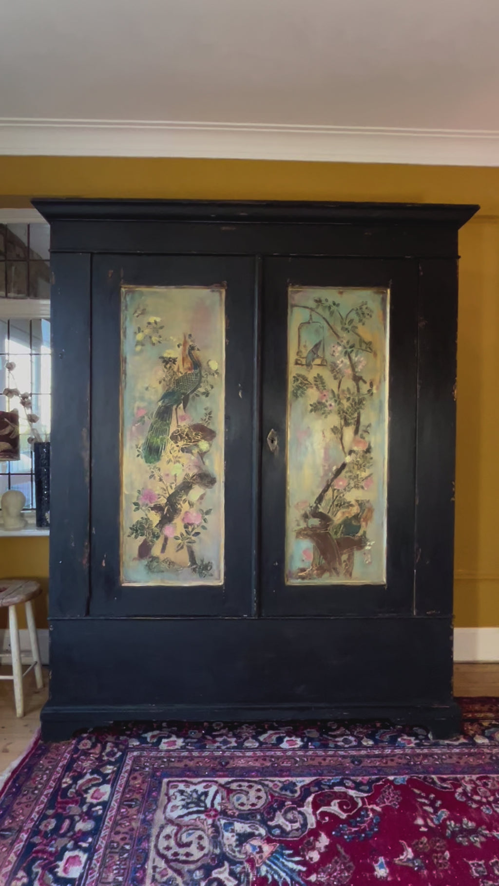Vintage Painted Pine Double Wardrobe with Inlaid Chinoiserie