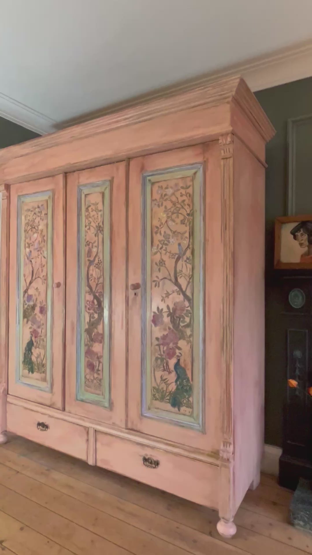 Vintage Painted Pine Large Wardrobe with Chinoiserie Panels