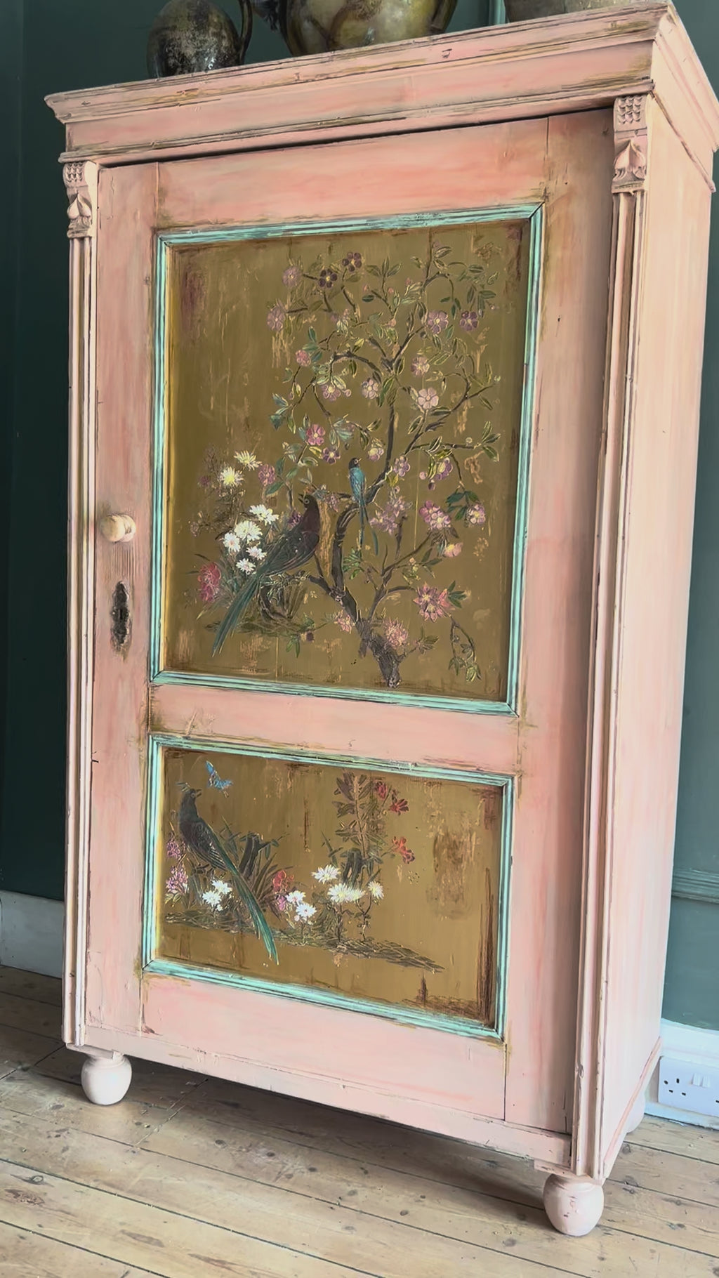 Vintage Painted Pine Cupboard with Inlaid Chinoiserie