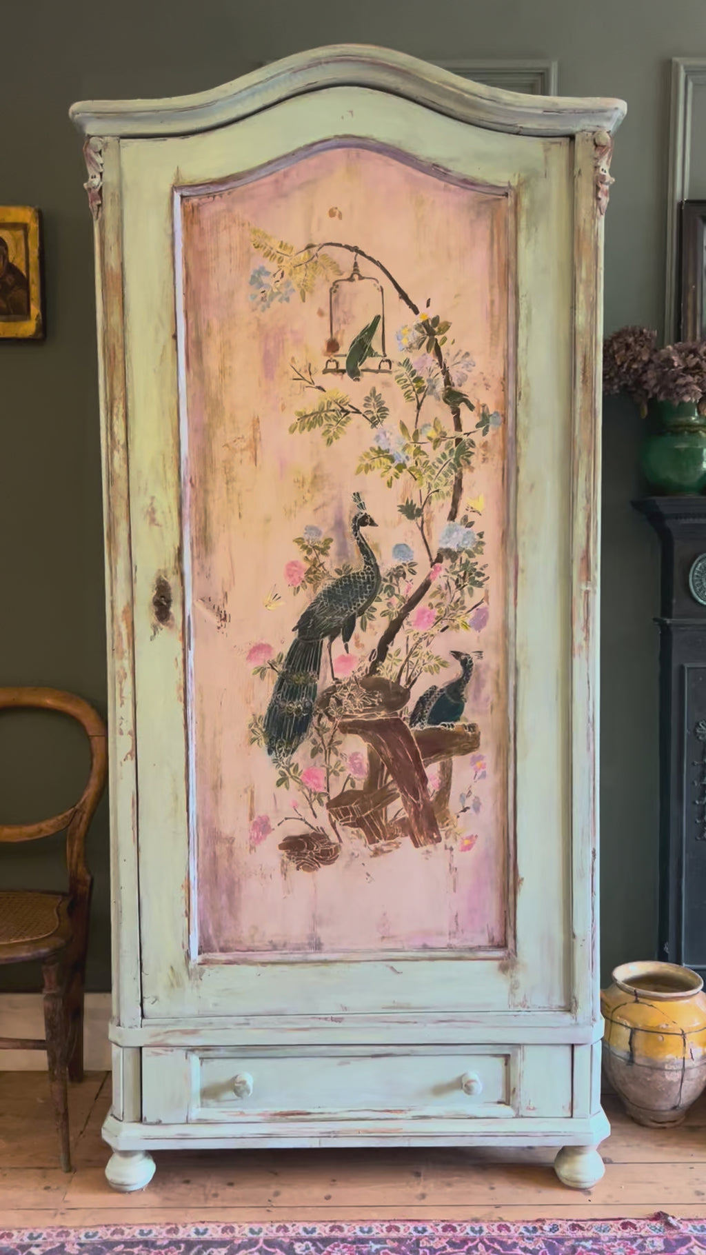 Vintage Painted Pine Linen Press/ Armoire with Inlaid Chinoiserie