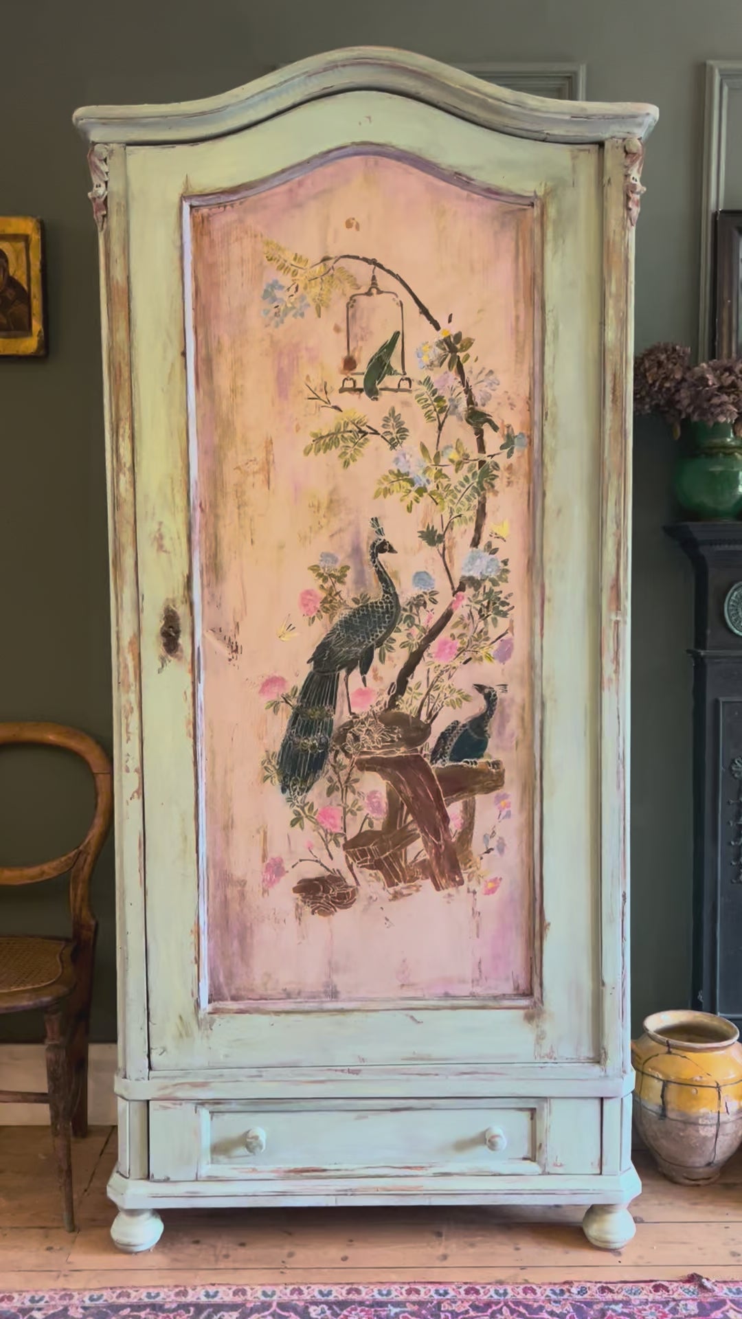 Vintage Painted Pine Linen Press/ Armoire with Inlaid Chinoiserie