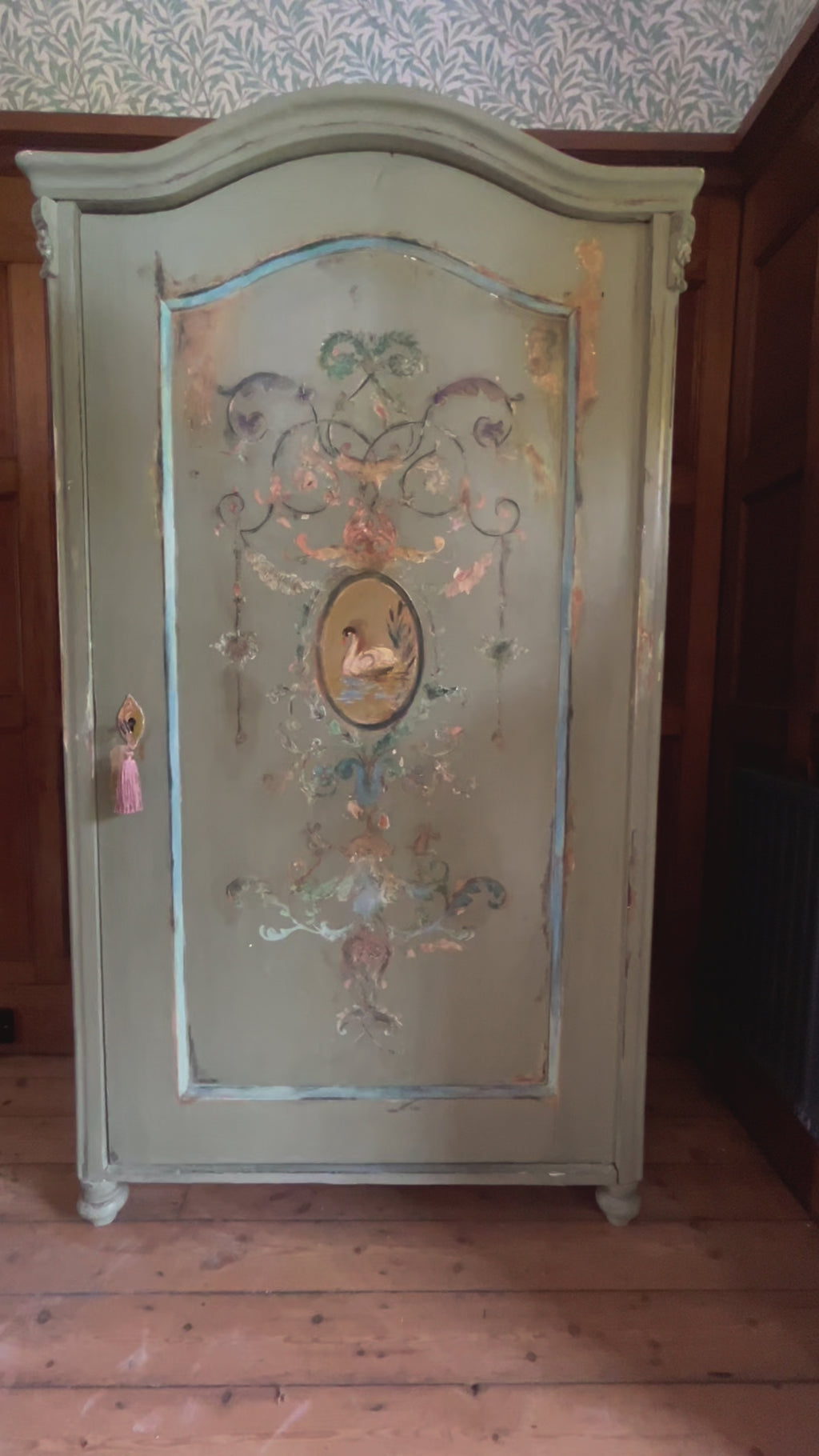 Vintage Painted Pine Wardrobe/Armoire with Inlaid swan Chinoiserie