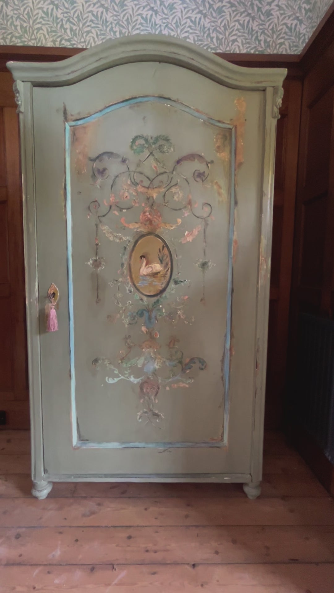Vintage Painted Pine Wardrobe/Armoire with Inlaid swan Chinoiserie
