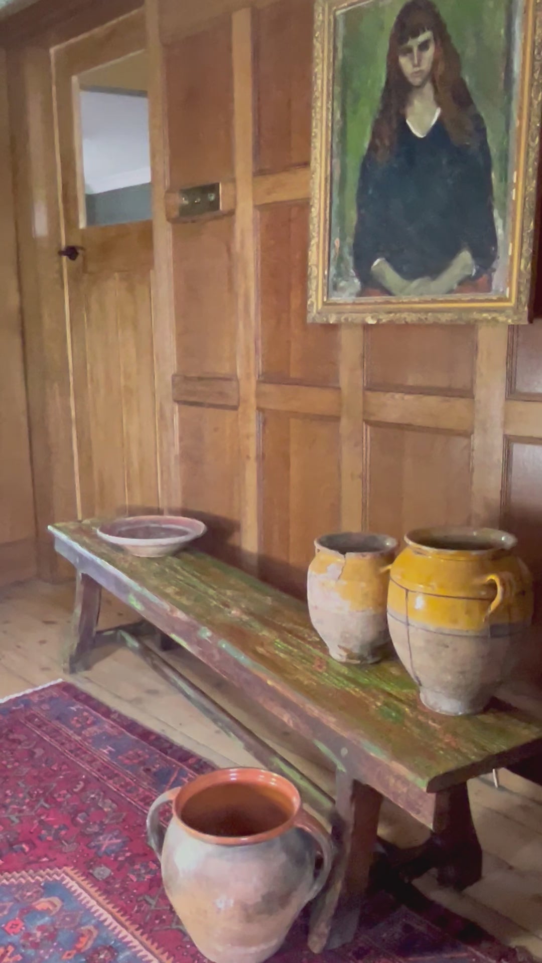 Vintage Painted Oak Bench with Inlaid Design
