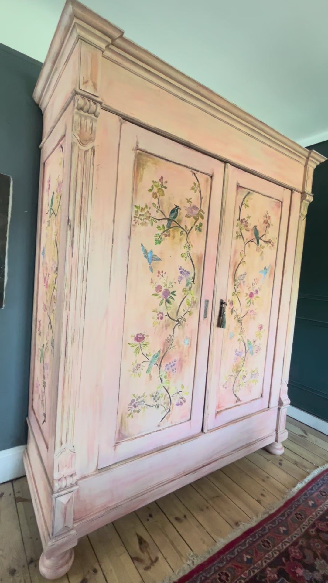 Vintage Painted Pine Double Wardrobe with Inlaid Chinoiserie