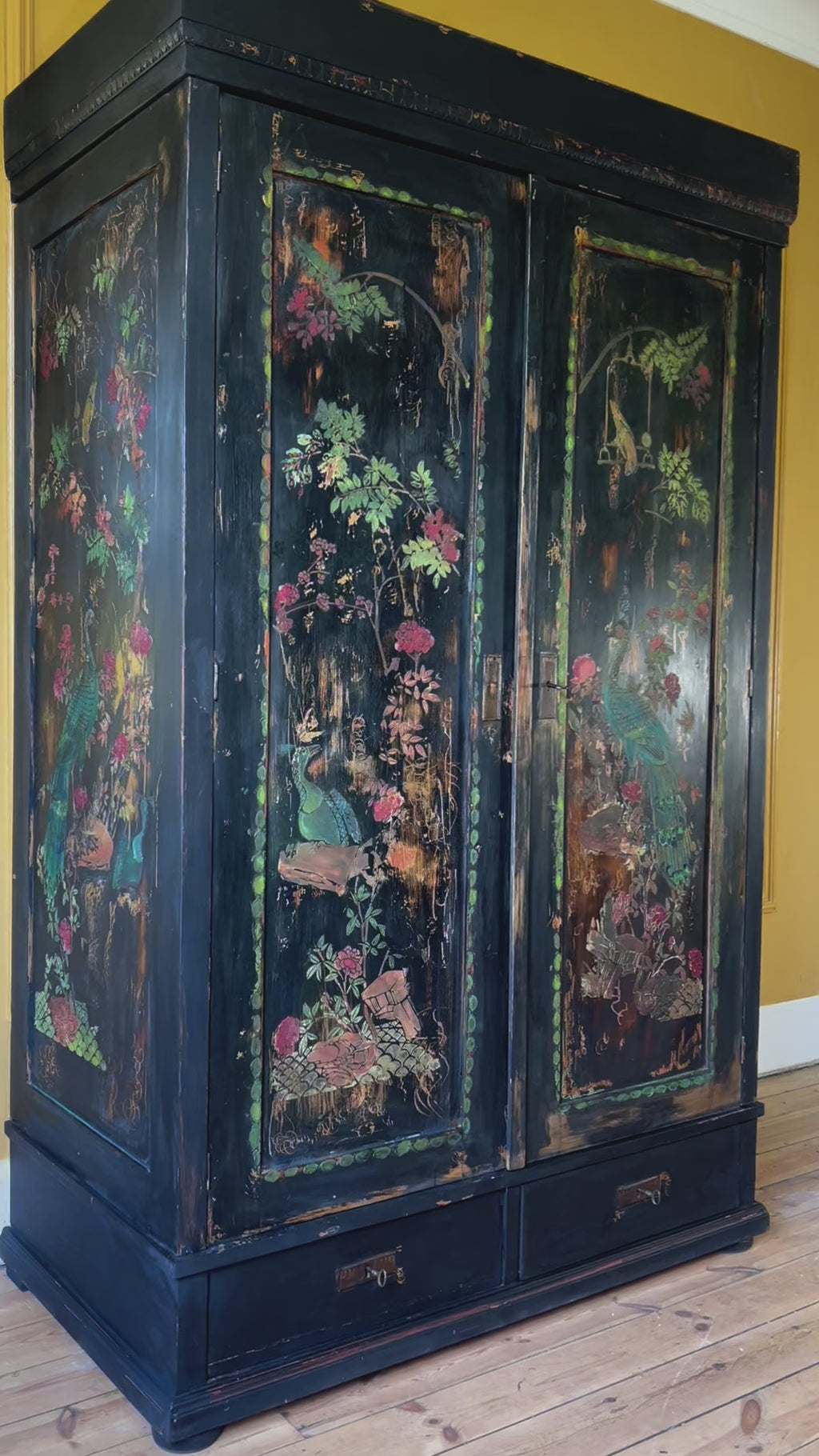 Vintage Painted Pine Wardrobe with Inlaid Chinoiserie