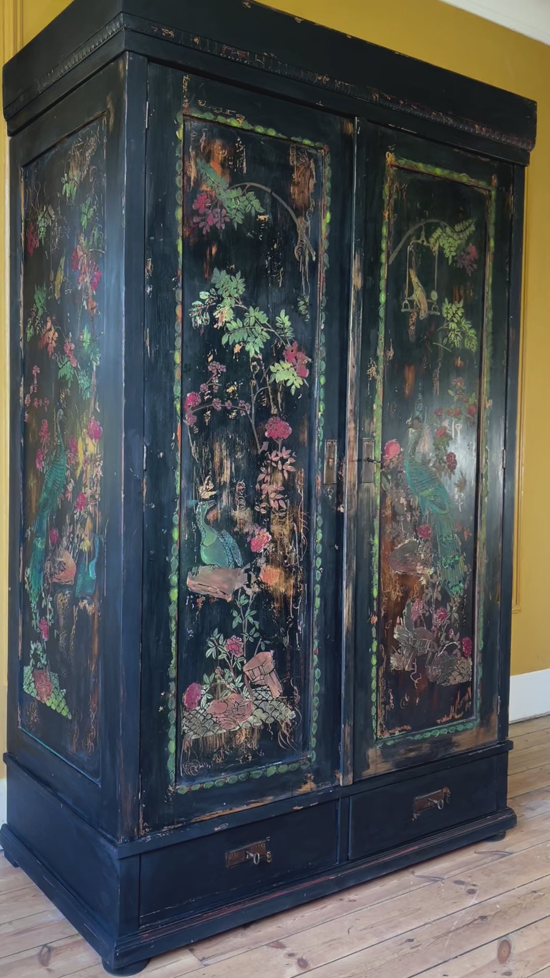 Vintage Painted Pine Wardrobe with Inlaid Chinoiserie