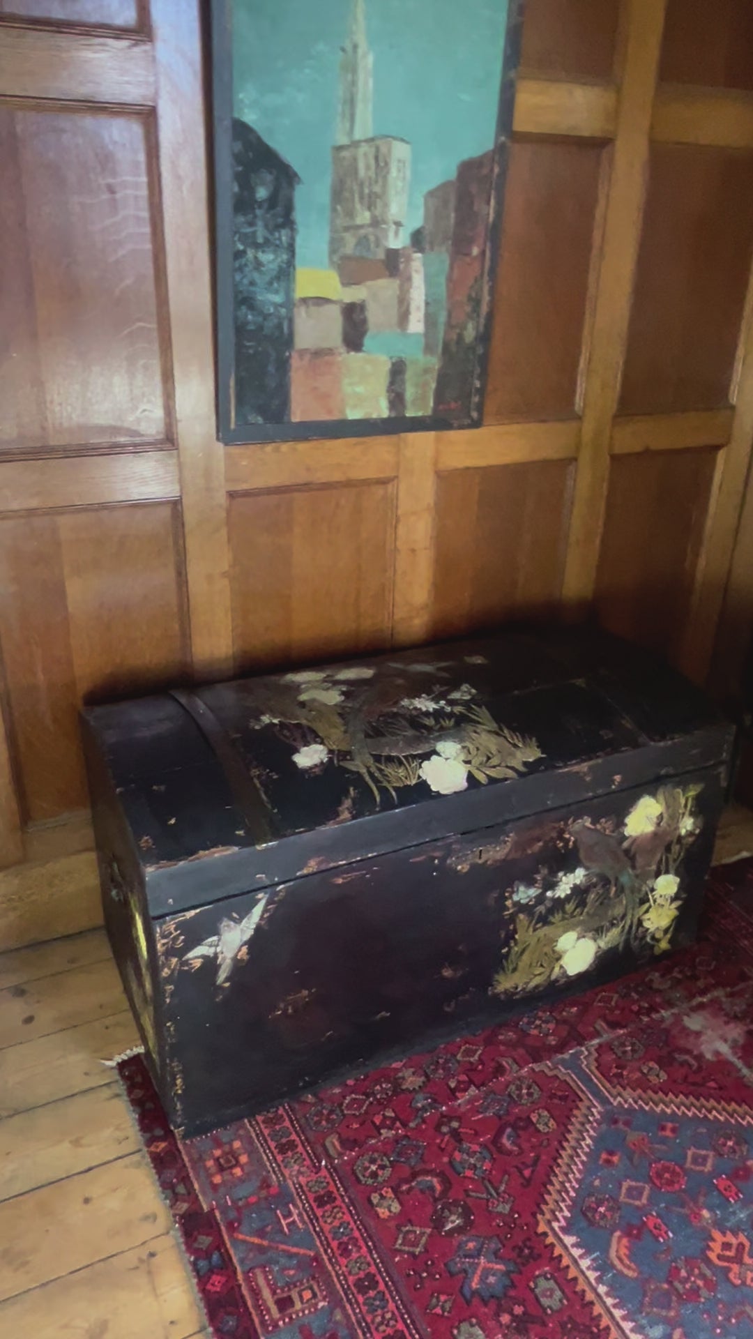 Vintage Painted Pine Blanket Box with Inlaid Chinoiserie