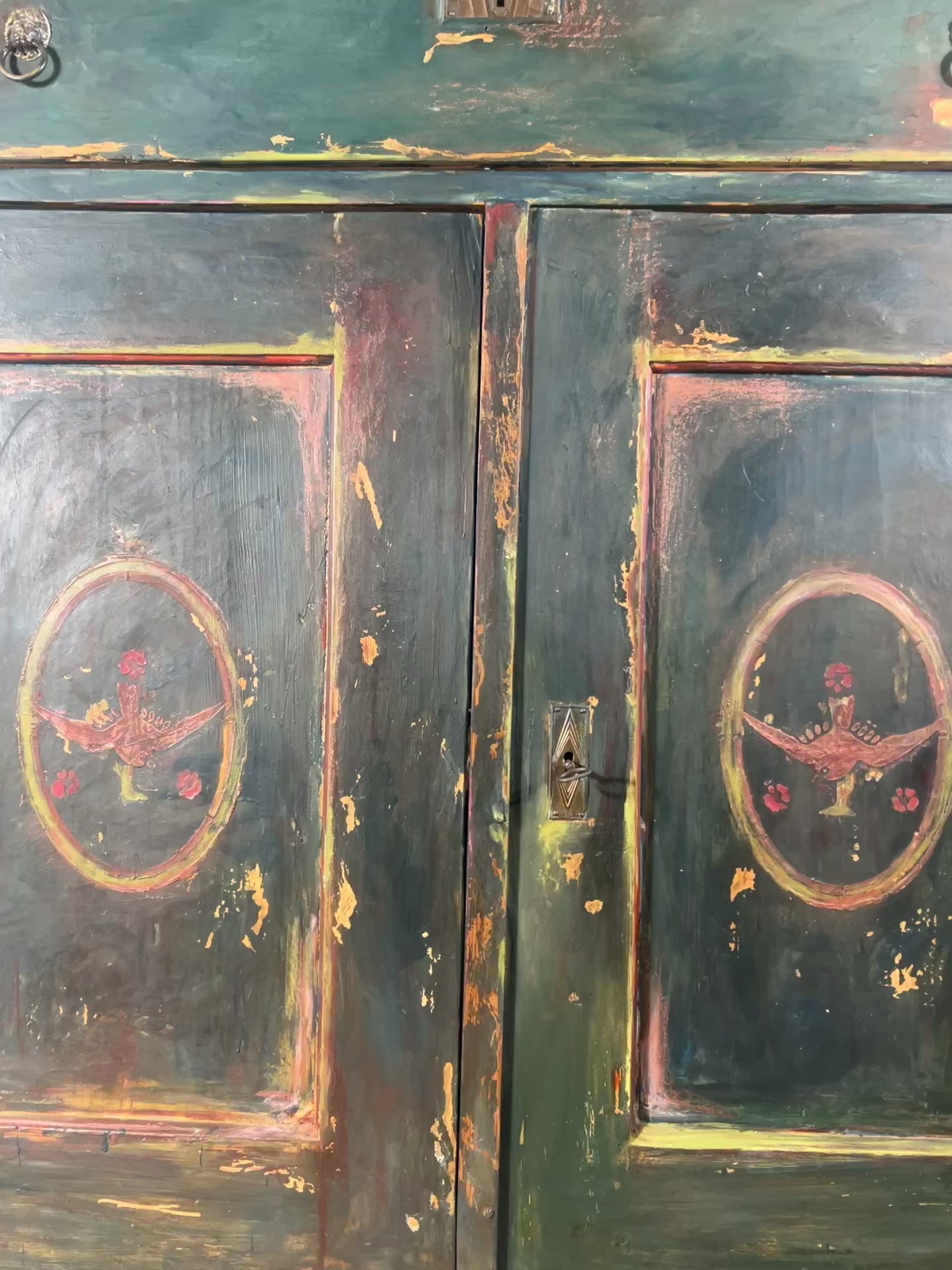 Antique Painted Linen Press with Folk Art Panels