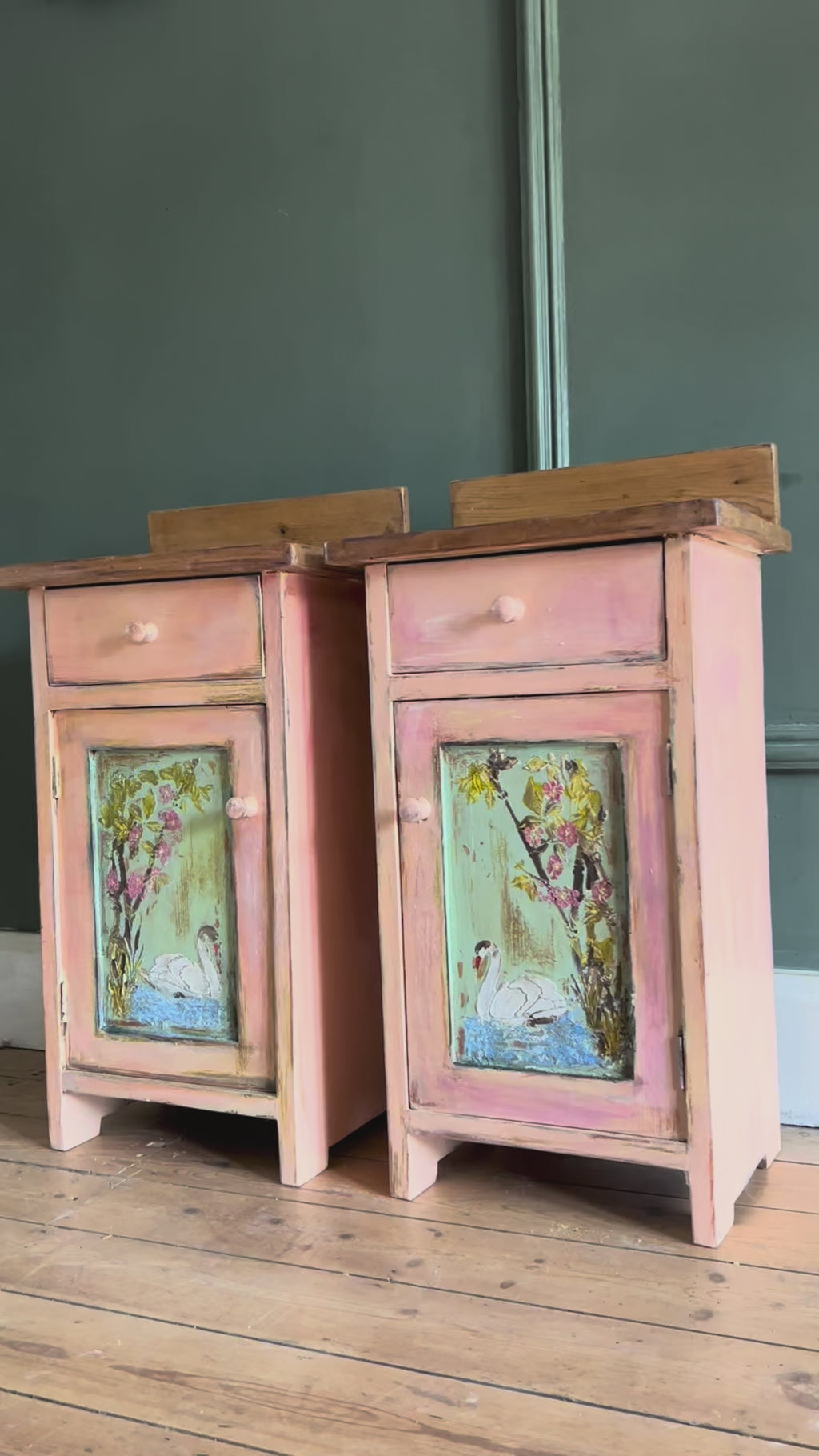 Vintage Painted Pine Bedside Cabinets with Inlaid Chinoiserie