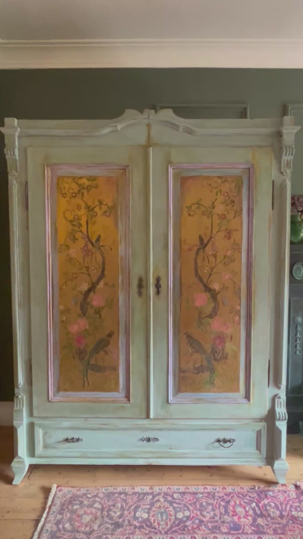 Vintage Painted Wardrobe with Inlaid Chinoiserie