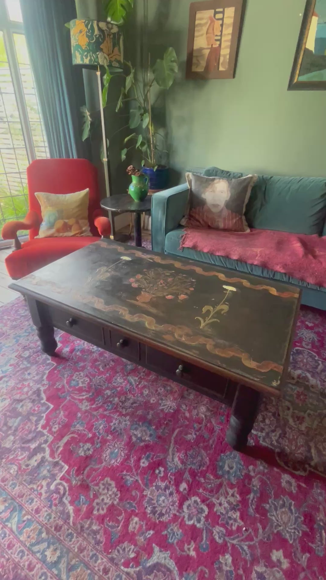 Vintage Painted Coffee Table with Folk Art Design