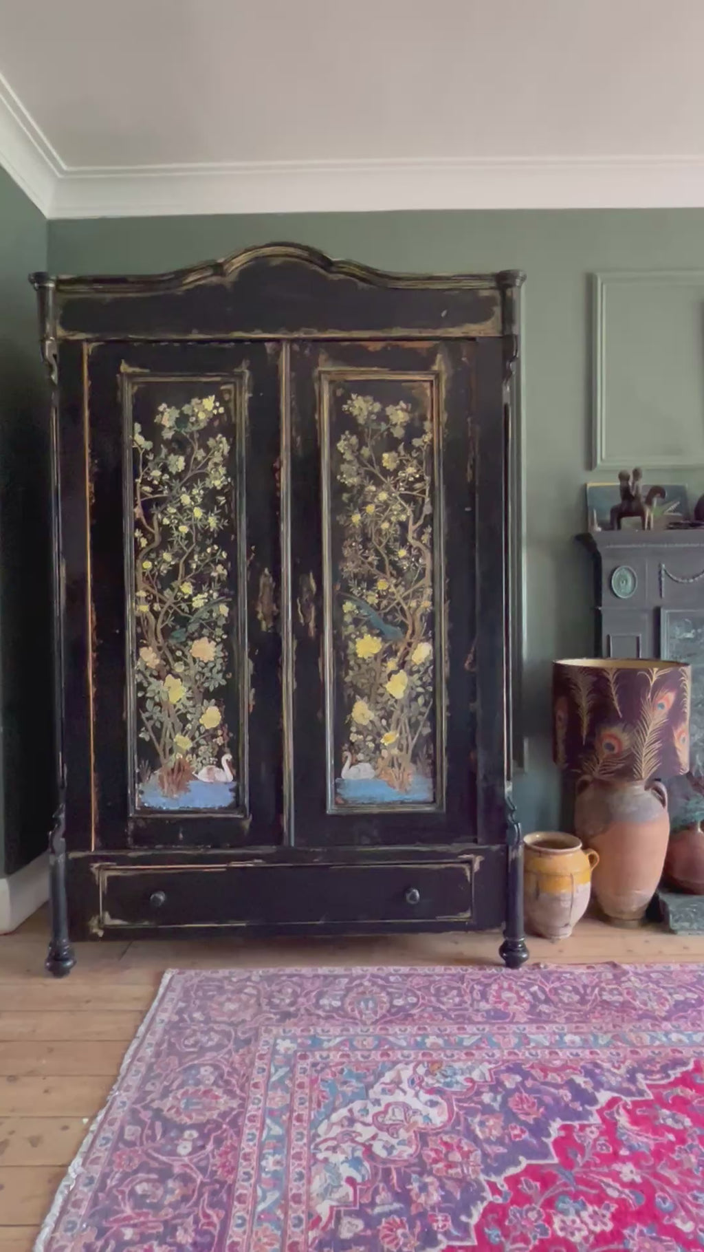 Vintage Painted Pine Wardrobe with Inlaid Chinoiserie