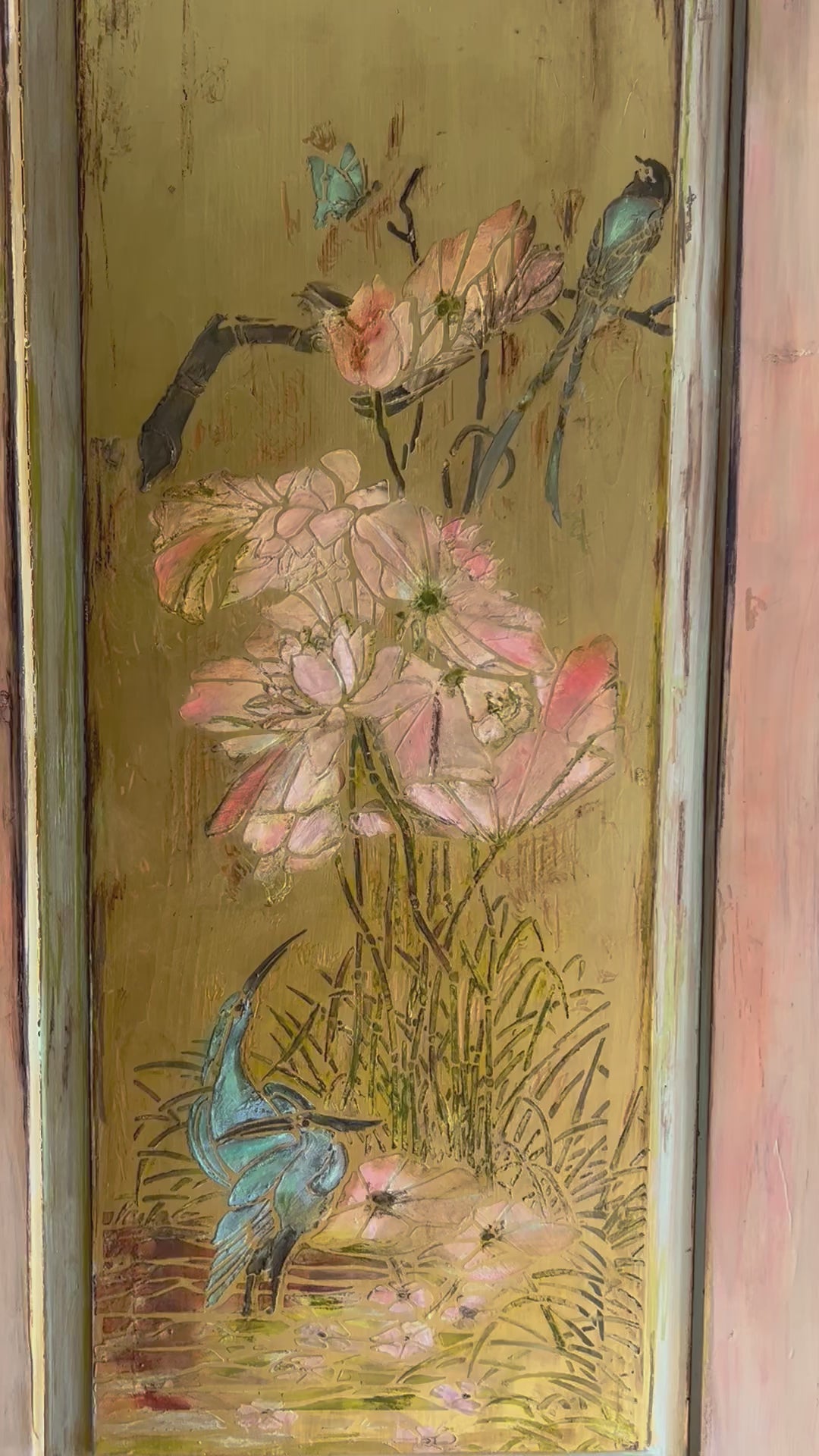 Vintage Painted Pine Large Double Wardrobe with Inlaid Chinoiserie