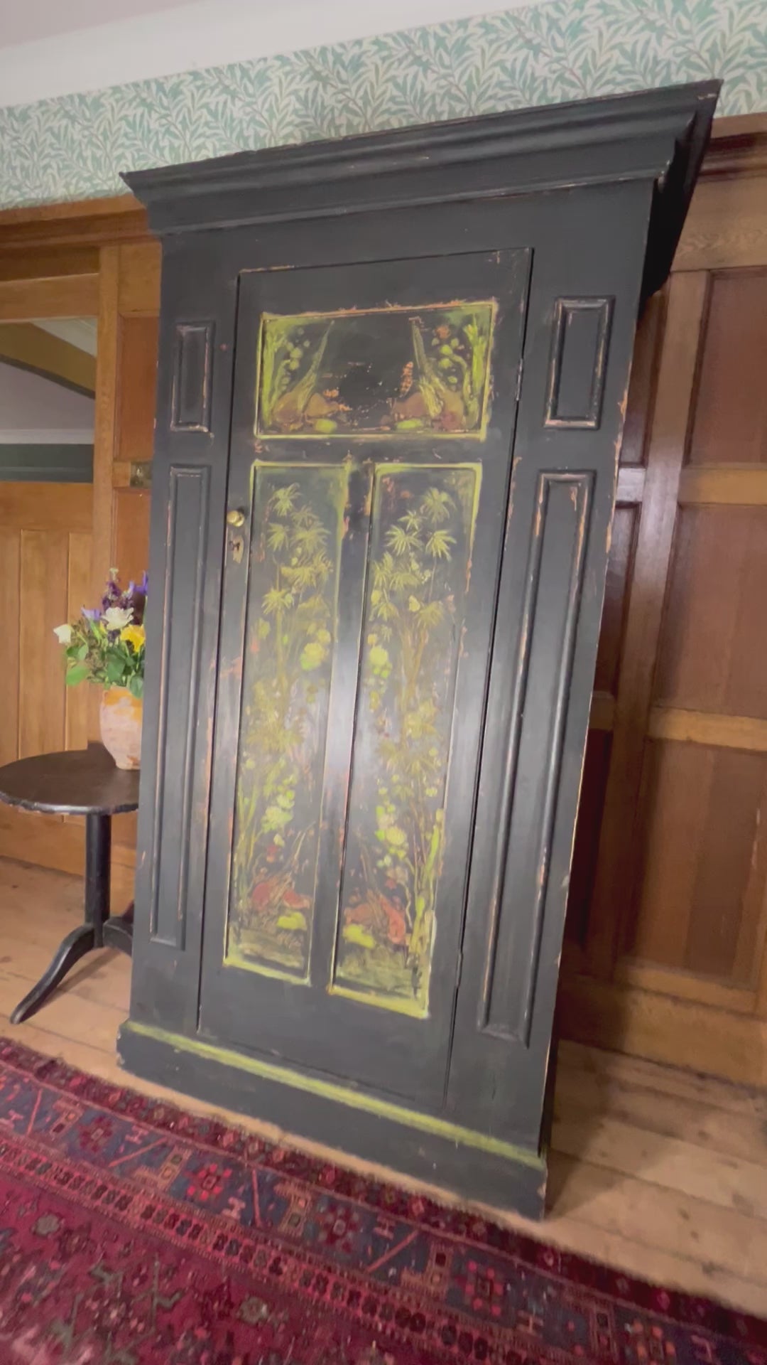 Vintage Painted Hall Cupboard/ Small Wardrobe with Inlaid Chinoiserie