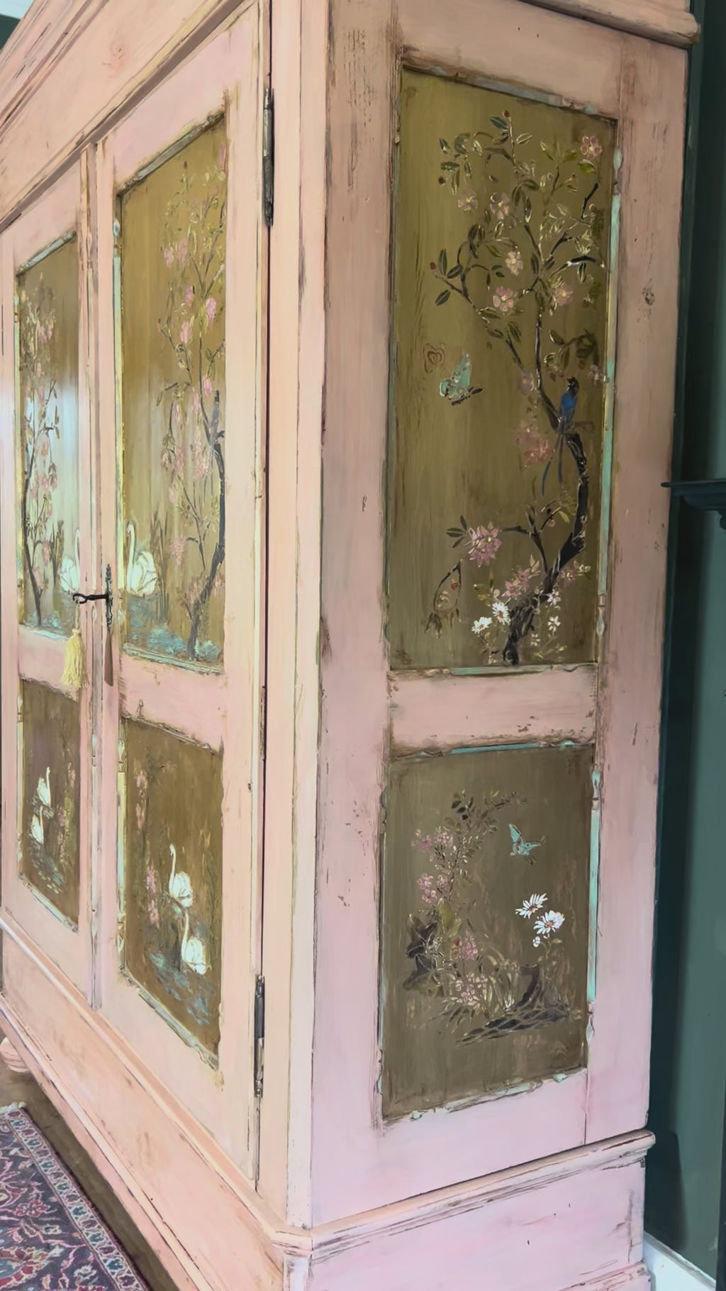 Antique Painted Pine Wardrobe with Chinoiserie Panels