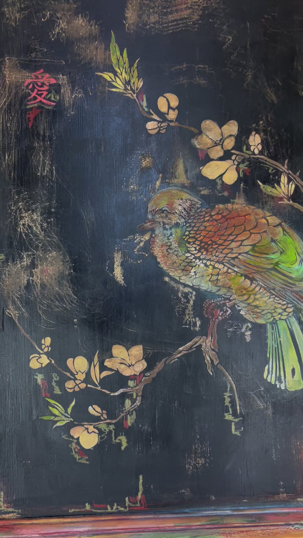 Vintage Painted Pine Linen Press with Inlaid Chinoiserie. RESERVED