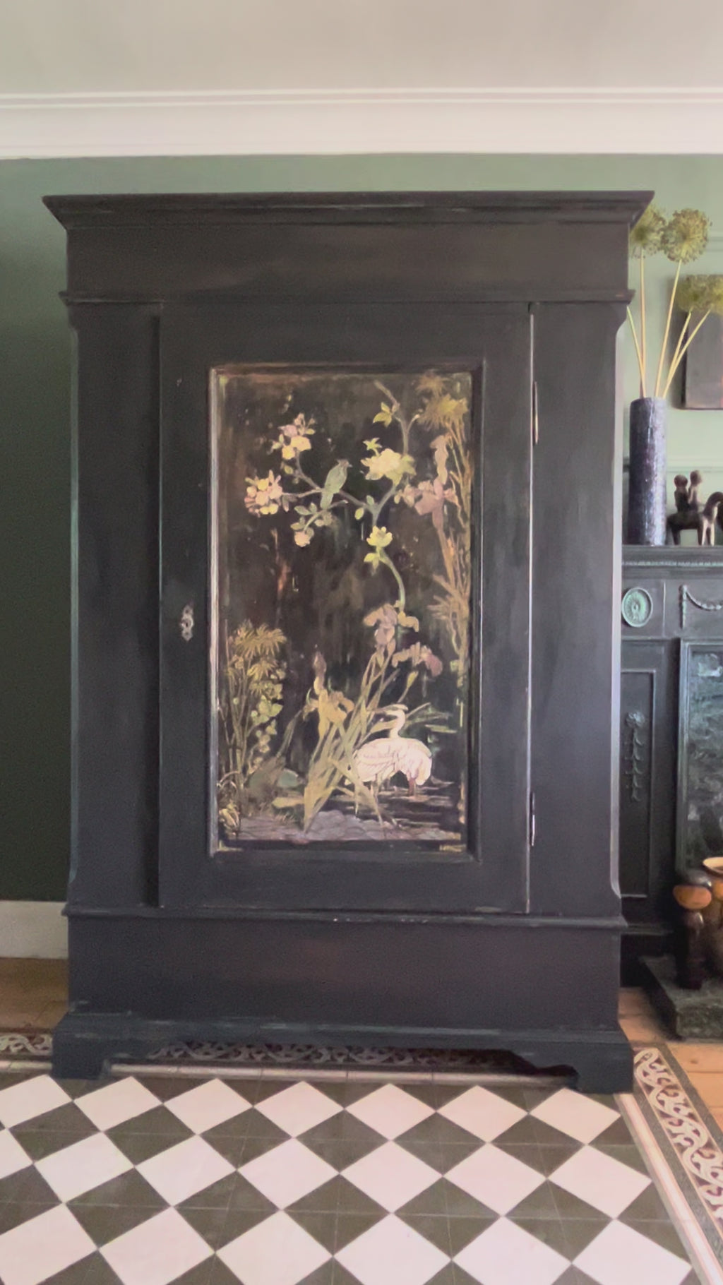 Vintage Painted Pine Armoire with Chinoiserie Panels