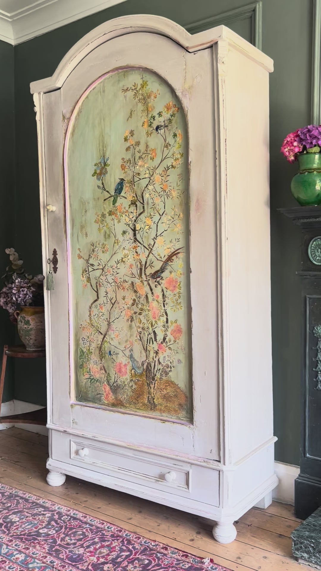 Vintage Painted Linen Press/Armoire with Inlaid Chinoiserie